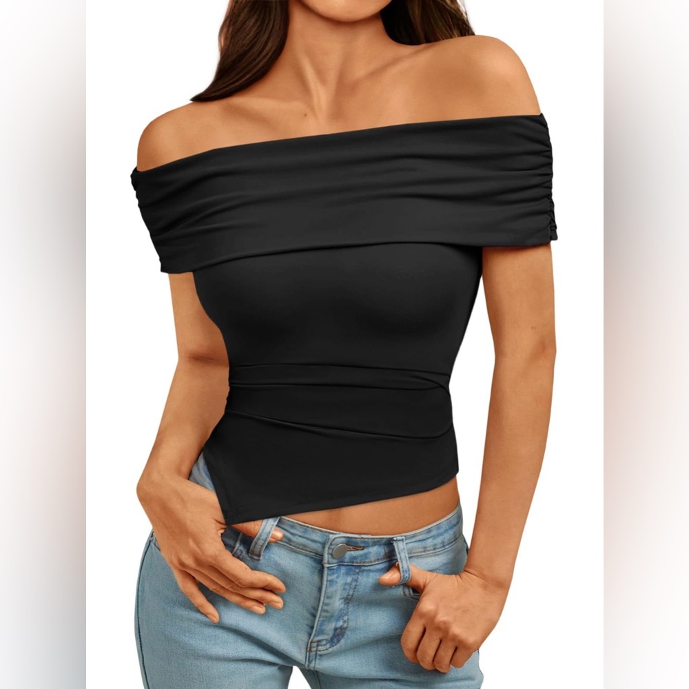 Off The Shoulder Summer Tops Short Sleeve Asymmetrical Hem Y2K Cropped Top XS